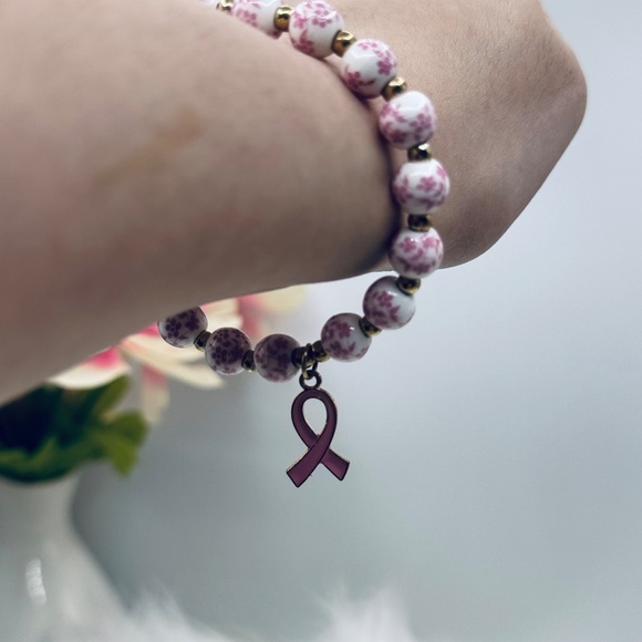 Chinese-Style Ceramic Floral Beaded Stretch Bracelet w/ Pink Breast Cancer Charm - Picture 4 of 6